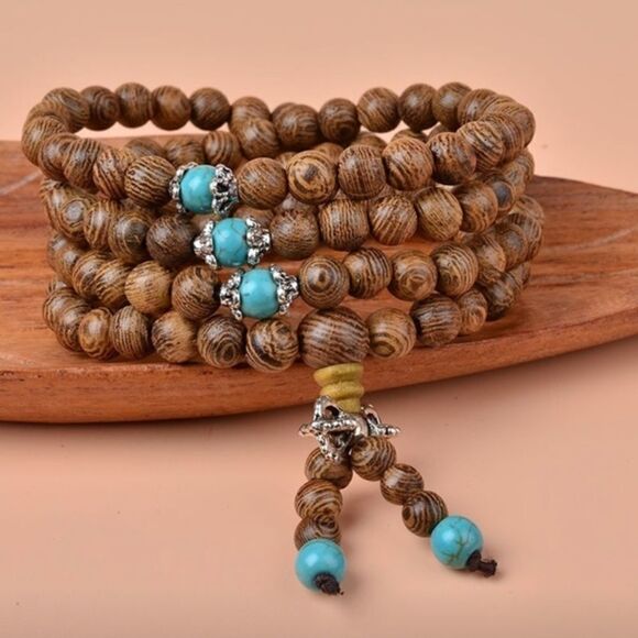 Brown & Turquoise Buddha Beads Wrap Bracelet - Picture 5 of 8